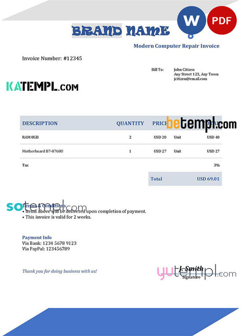 # auto macro universal multipurpose invoice template in Word and PDF format, fully editable