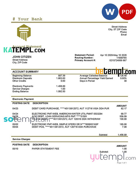 # column action universal bank multipurpose statement template in Word format