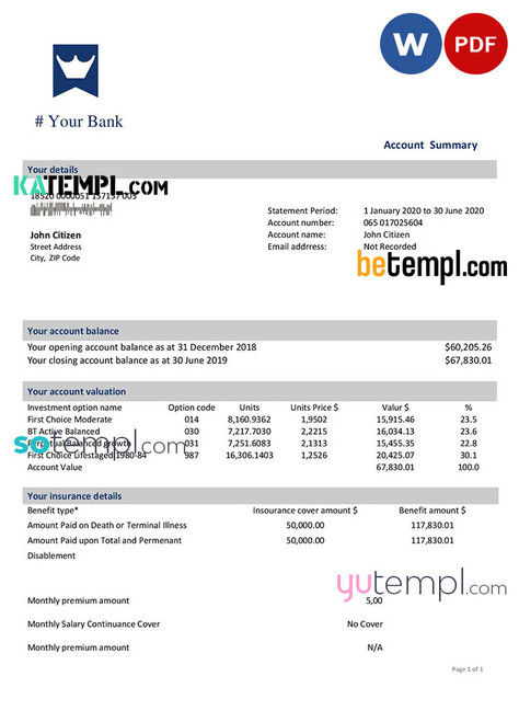 # crown streams universal bank multipurpose statement template in Word format