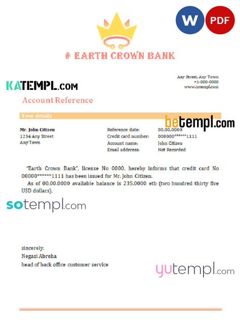 # earth crown bank universal multipurpose bank account reference template in Word and PDF format