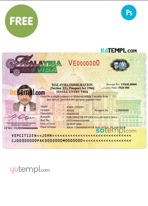 Malaysia Visa PSD template, completely editable