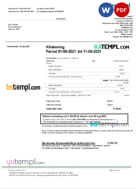 Belgium Electrabel electricity utility bill template, fully editable in Word and PDF format