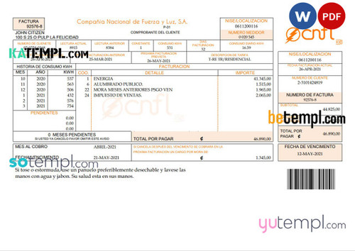 Costa Rica Compañía Nacional de Fuerza y Luz, S.A. (CNFL) utility bill template in Word and PDF format