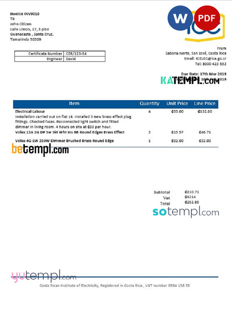 Costa Rica Costa Rican Institute of Electricity utility bill template in Word and PDF format