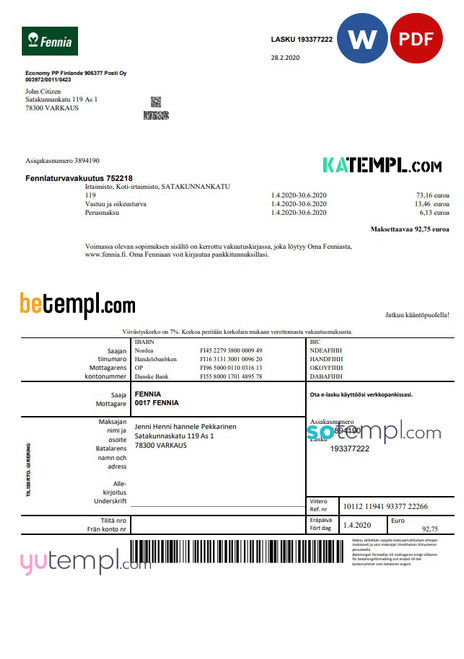 Finland Fennia Insurance company bill template in Word and PDF format