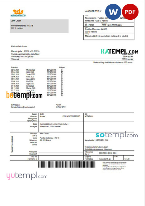 Finland Nuorisosäätiö Youth Foundation bill template in Word format