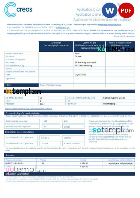 Luxembourg Creos gas utility bill template in Word and PDF format (.doc and .pdf)