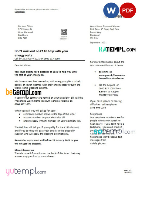 United Kingdom HM Government Warm Home Energy utility bill template in Word and PDF format