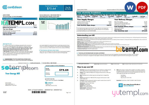 USA Con Edison utility bill template in Word and PDF format, 2 pages (2021 April – present)