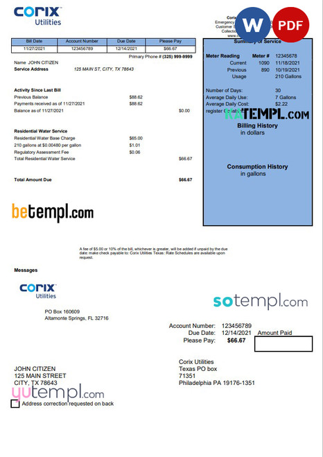 USA Corix Utilities bill template in Word and PDF format