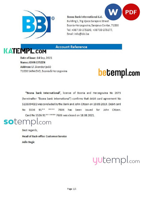 Bosnia and Herzegovina Bosna Bank International bank account closure reference letter template in Word and PDF format