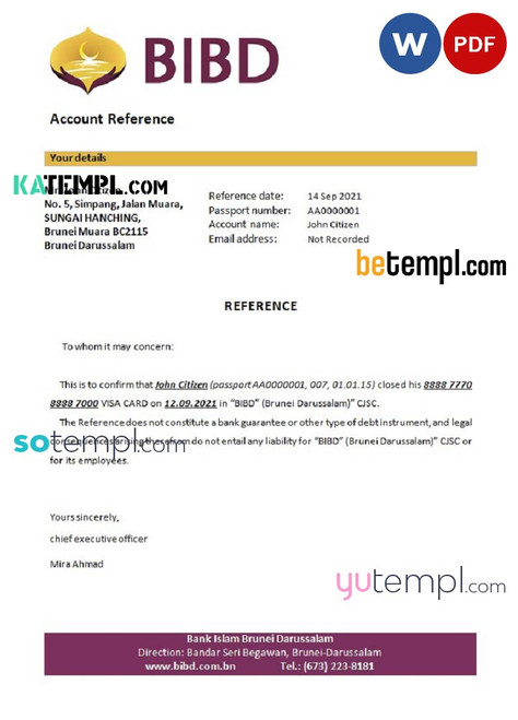 Brunei Islam Darussalam bank account closure reference letter template in Word and PDF format