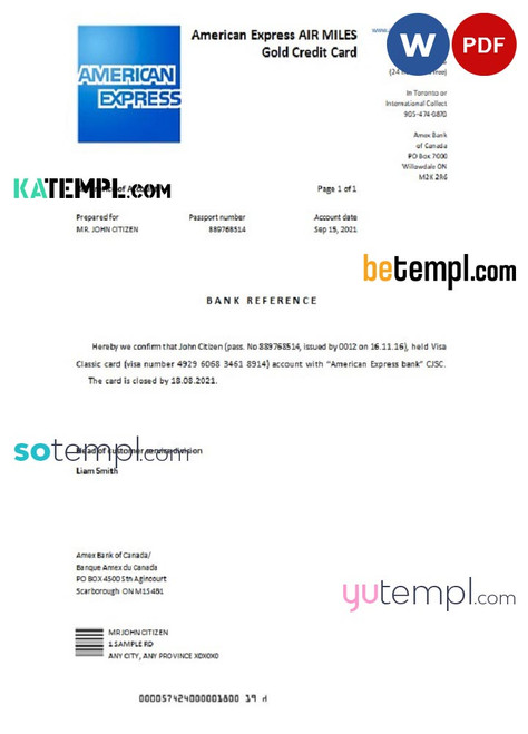 Canada American Express Air Miles bank account closure reference letter template in Word and PDF format