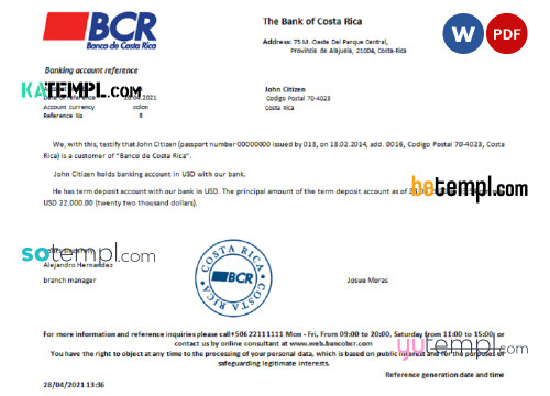 Costa Rica The Bank of Costa Rica bank account reference letter template in Word and PDF format