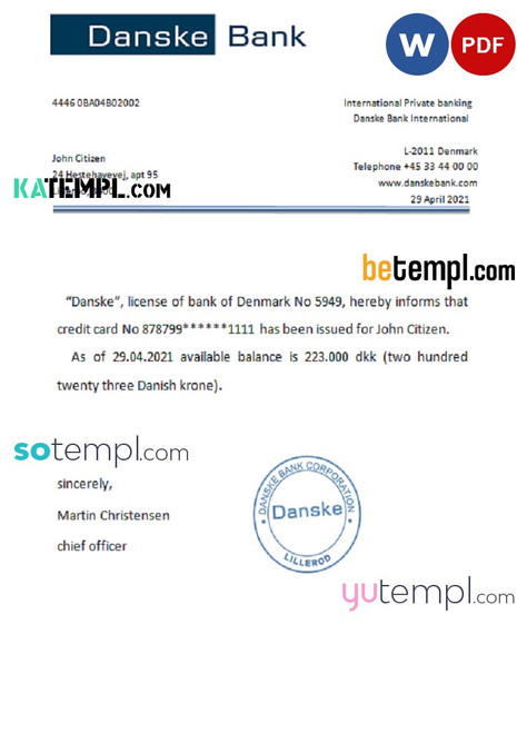 Denmark Danskebank bank account reference letter template in Word and PDF format