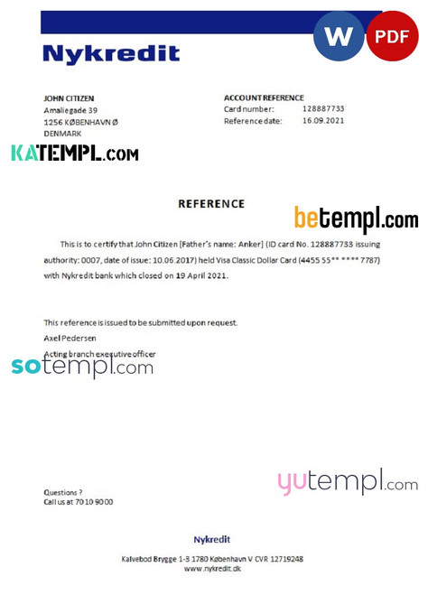 Denmark Nykredit bank account closure reference letter template in Word and PDF format