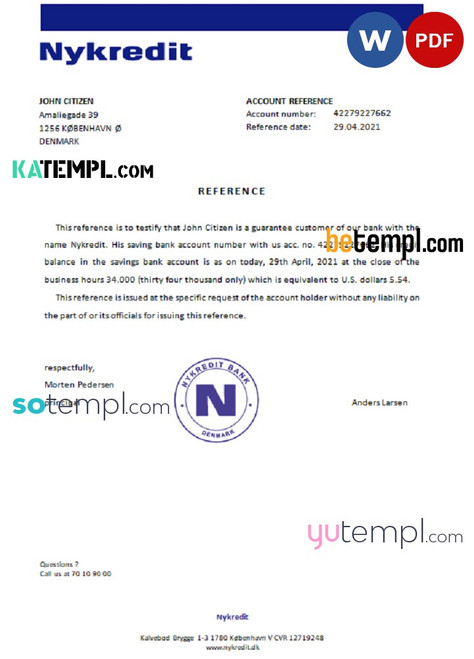 Denmark Nykredit bank account reference letter template in Word and PDF format
