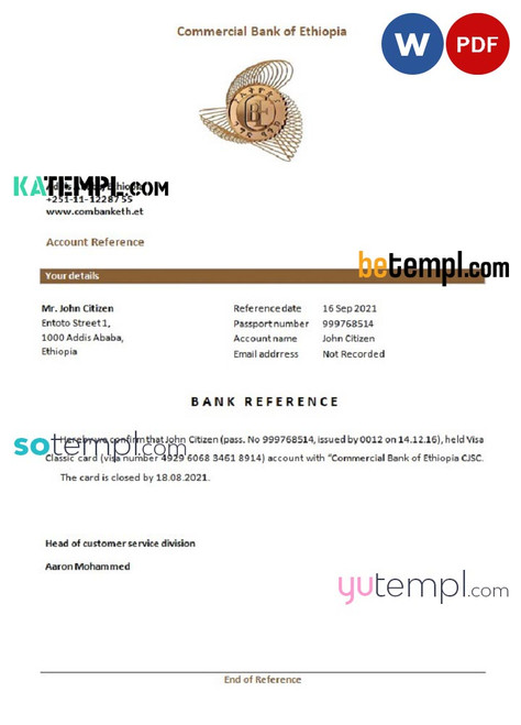 Ethiopia Commercial Bank bank account closure reference letter, Word and PDF format