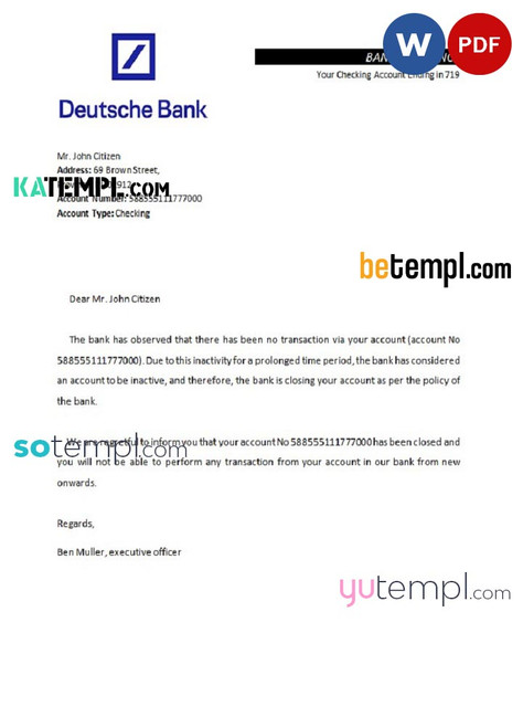 Germany Deutsche bank account closure reference letter template in Word and PDF format
