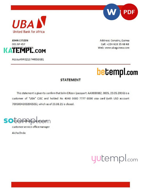 Guinea UBA bank account closure reference letter template in Word and PDF format