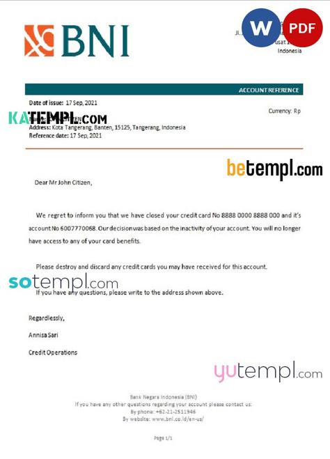 Indonesia Negara bank account closure reference letter template in Word and PDF format