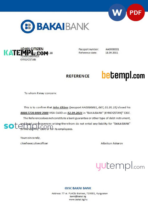 Kyrgyzstan OJSC Bakai Bank bank account closure reference letter template in Word and PDF format