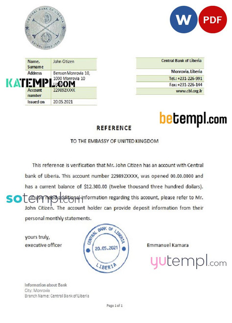 Liberia Central Bank of Liberia bank reference letter template in Word and PDF format