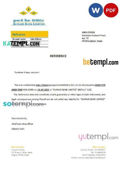 Nepal Kumari Bank bank account closure reference letter template in Word and PDF format Nepal Kumari Bank bank account closure reference letter template in Word and PDF format