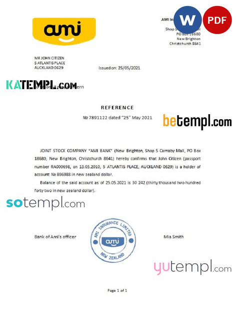 New Zealand Ami bank account reference letter template in Word and PDF format New Zealand Ami bank account reference letter template in Word and PDF format