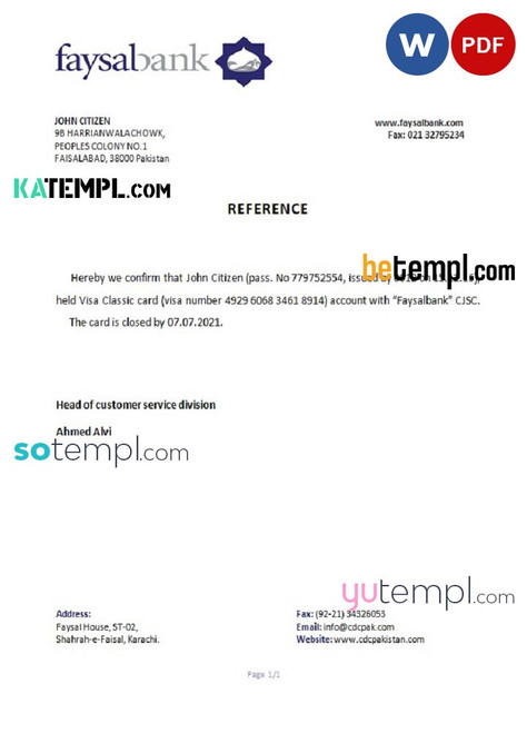 Pakistan Faysalbank bank account closure reference letter template in Word and PDF format
