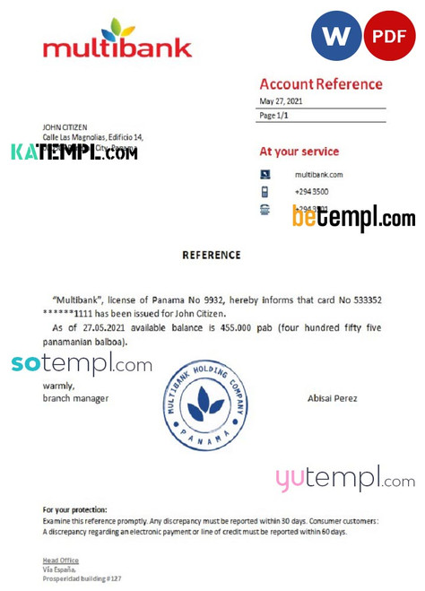 Panama Multibank bank account reference letter template in Word and PDF format