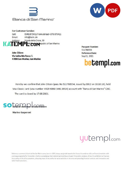 San Marino Banca di San Marino bank account closure reference letter template in Word and PDF format San Marino Banca di San Marino bank account closure reference letter template in Word and PDF format