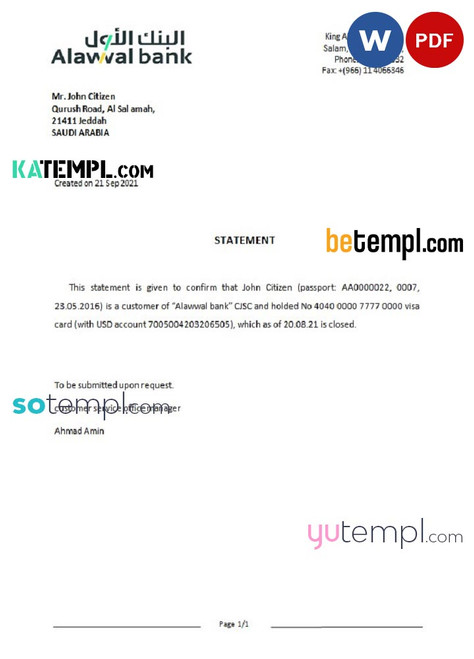 Saudi Arabia Alawwal Bank bank account closure reference letter template in Word and PDF format