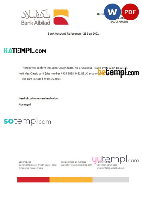 Saudi Arabia Albilad Bank bank account closure reference letter template in Word and PDF format