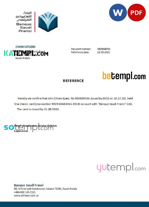 Saudi Arabia Banque Saudi Fransi bank account closure reference letter template in Word and PDF format