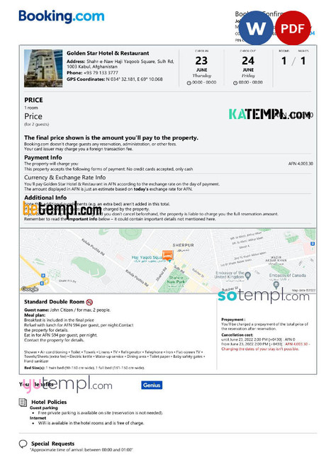 Afghanistan hotel booking confirmation Word and PDF template, 2 pages