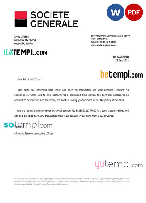 Serbia Societe Generale bank account closure reference letter template in Word and PDF format Serbia Societe Generale bank account closure reference letter template in Word and PDF format