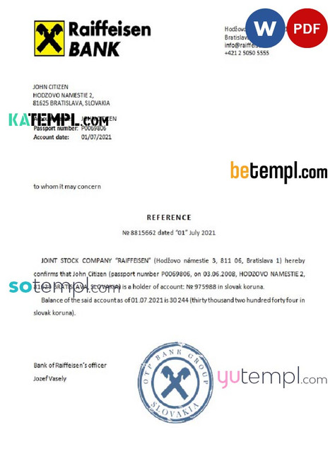 Slovakia Raiffeisen bank reference letter template in Word and PDF format