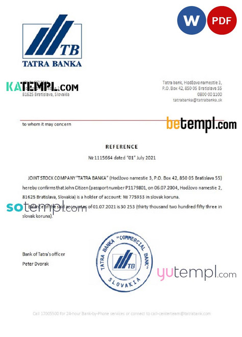 Slovakia Tatra Banka bank reference letter template in Word and PDF format