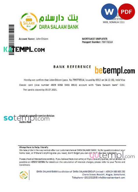 Somalia Dara Salaam Bank bank account closure reference letter template in Word and PDF format