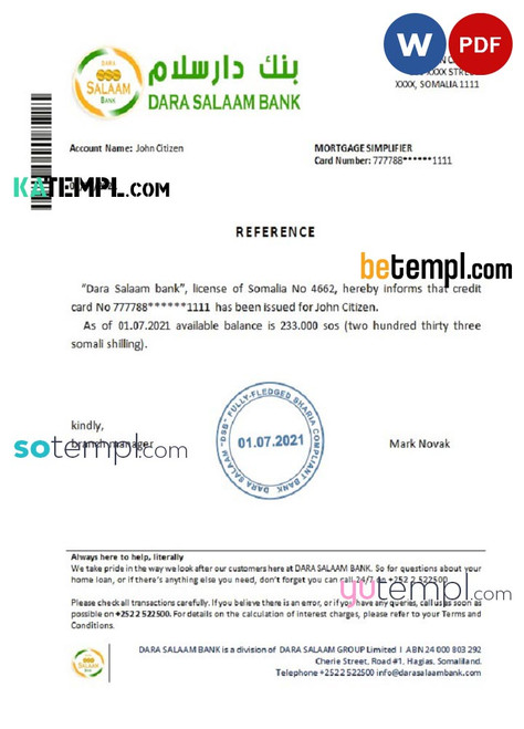 Somalia Dara Salaam Bank bank reference letter template in Word and PDF format
