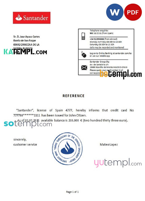 Spain Santander bank reference letter template in Word and PDF format