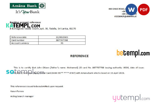 Sri Lanka Amana Bank bank account closure reference letter template in Word and PDF format
