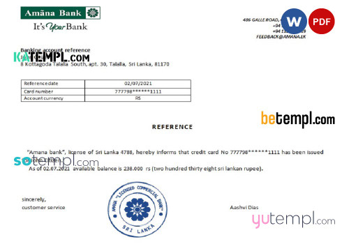 Sri Lanka Amana Bank bank reference letter template in Word and PDF format