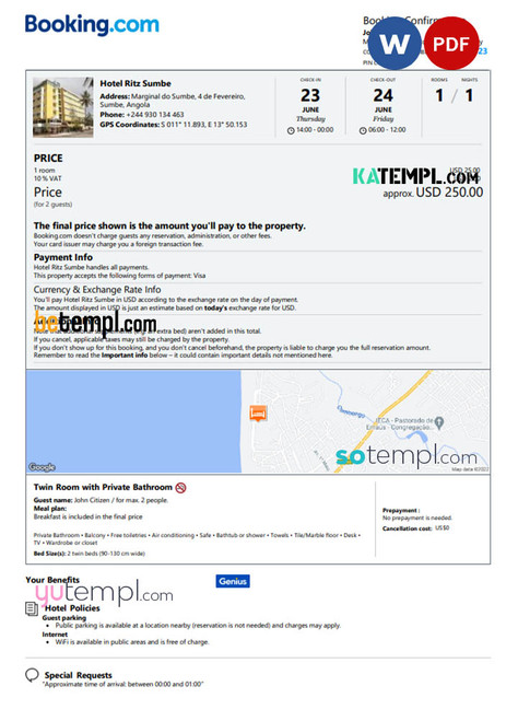 Angola hotel booking confirmation Word and PDF template, 2 pages