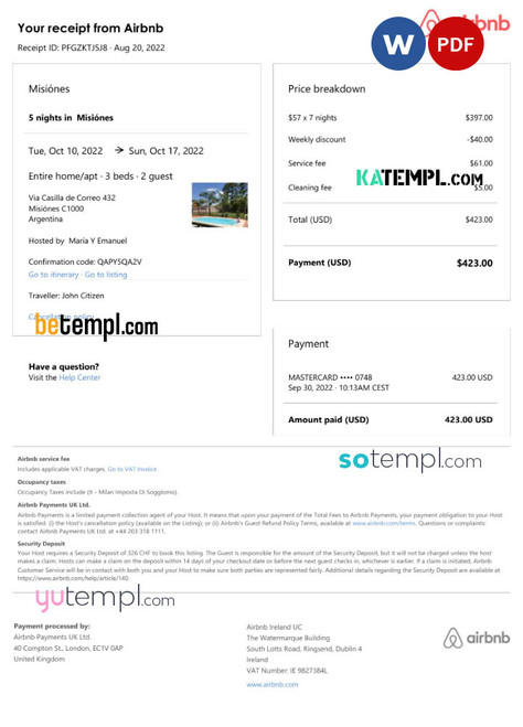 Argentina Airbnb booking confirmation Word and PDF template