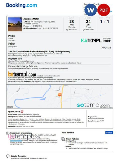 Australia hotel booking confirmation Word and PDF template, 2 pages