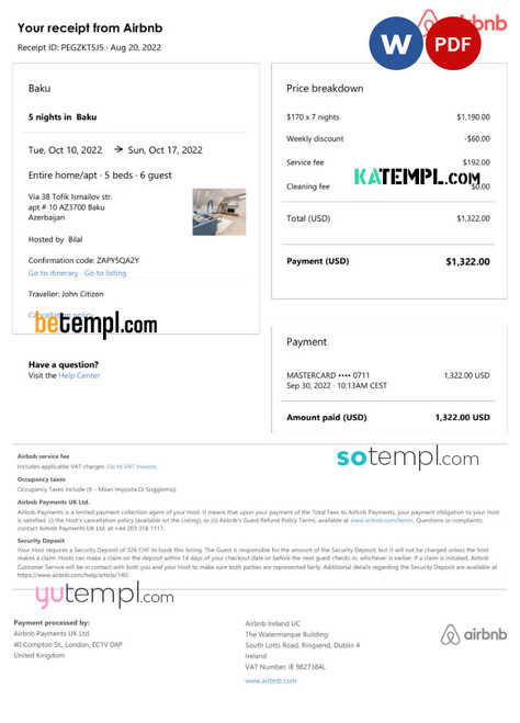 Azerbaijan Airbnb booking confirmation Word and PDF template