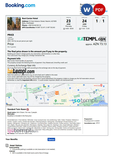 Azerbaijan hotel booking confirmation Word and PDF template, 2 pages
