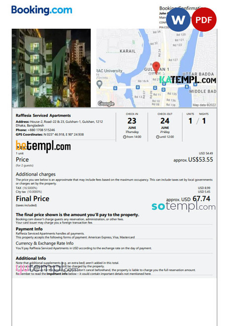 Bangladesh hotel booking confirmation Word and PDF template, 2 pages
